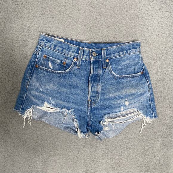 Levi's Pants - Levis 501 womens BIG E high waisted jean denim shorts distressed button fly 26